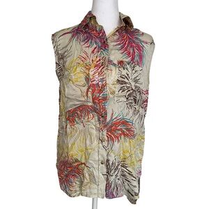 Cabi Women’s 100% Silk Sleeveless Blouse Beige Feather Print Size XS Button-Up